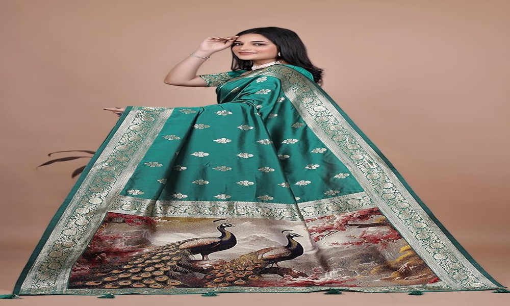 Graceful Elegance with Big Silver Earrings and Peacock Green Colour Saree